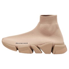 Used Balenciaga Light Brown Knit Fabric Speed Trainer Sneakers Size 39
