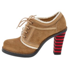 Balenciaga Light Brown Suede And Shearling Chunky Strip Heel Ankle Boots Size 37