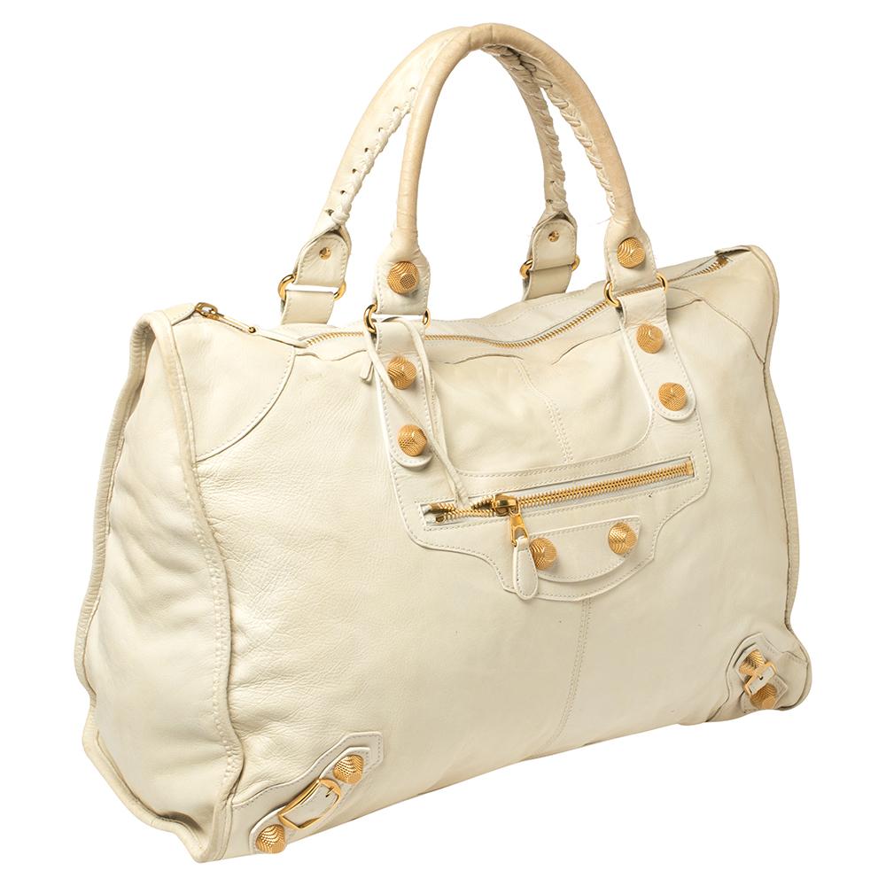 White Balenciaga Light Cream Leather GH Voyage Weekender Bag