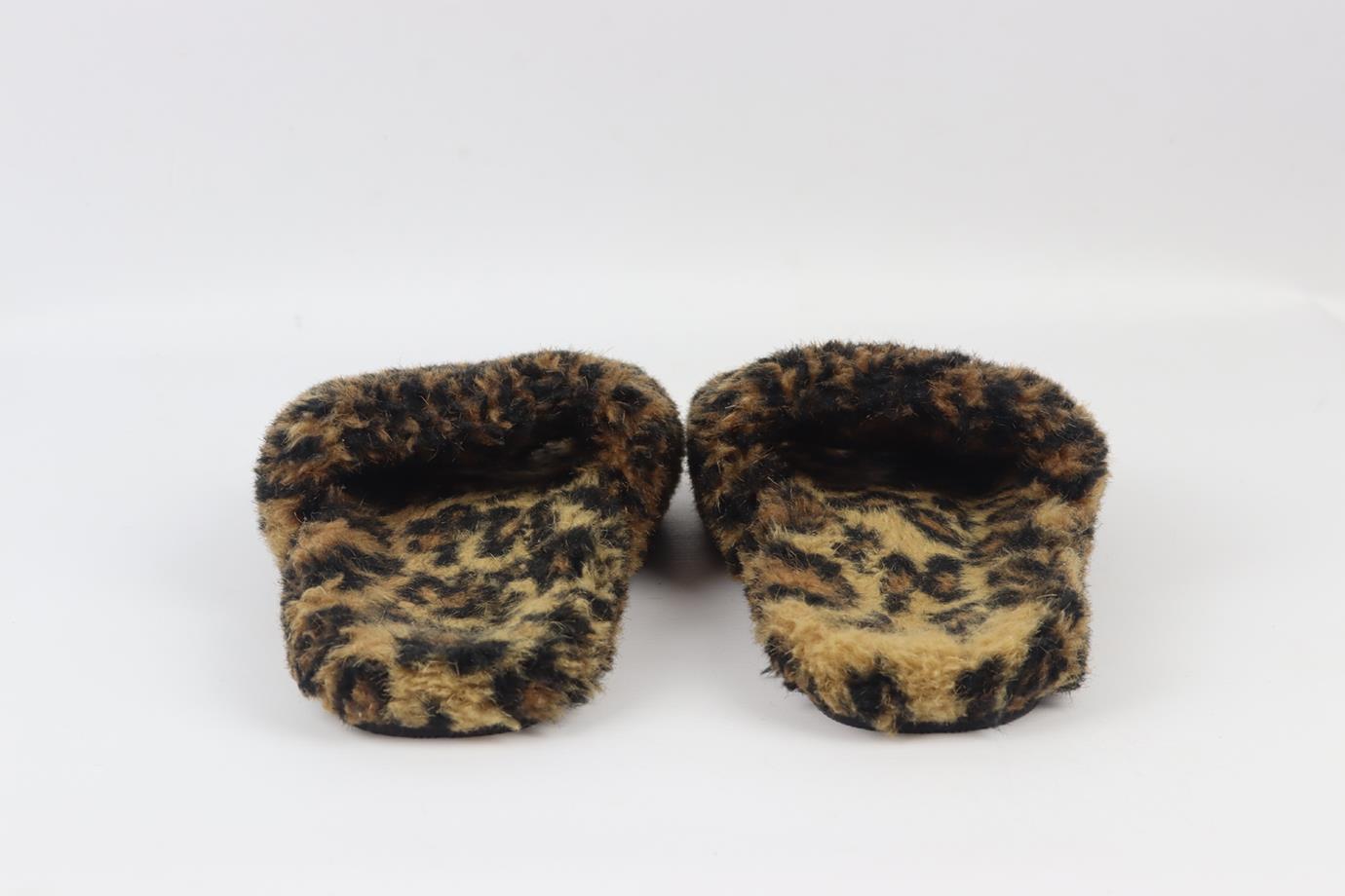 Balenciaga Logo Embroidered Leopard Print Faux Shearling Slides Eu 38 Uk 5 Us 8 In Excellent Condition In London, GB