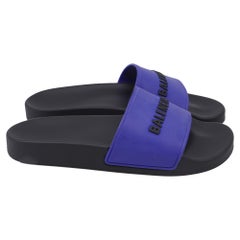 Balenciaga Logo Pool Slide Sandals in Blue Rubber