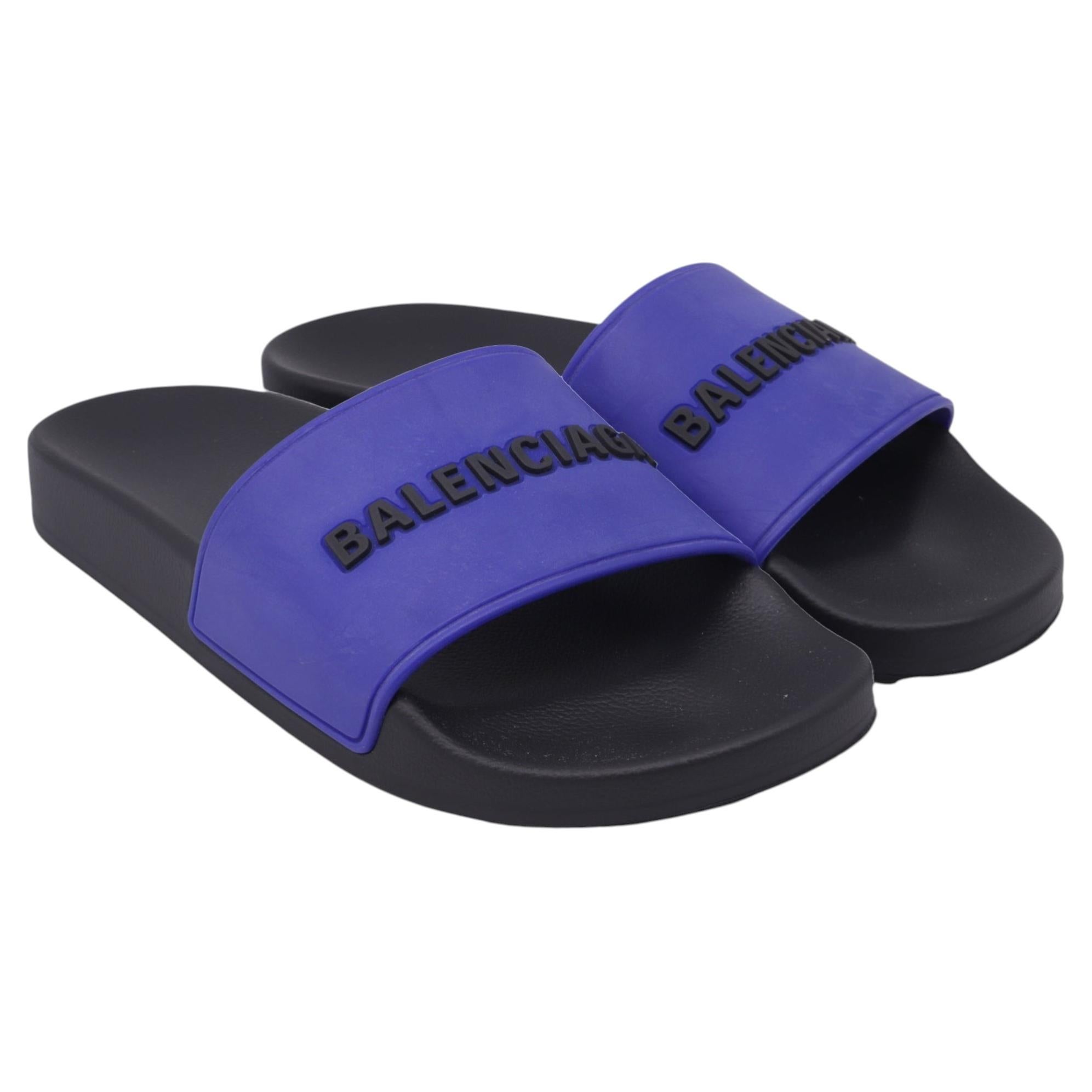 Pre-owned Balenciaga Logo Pool Slide Sandals In Blue Rubber