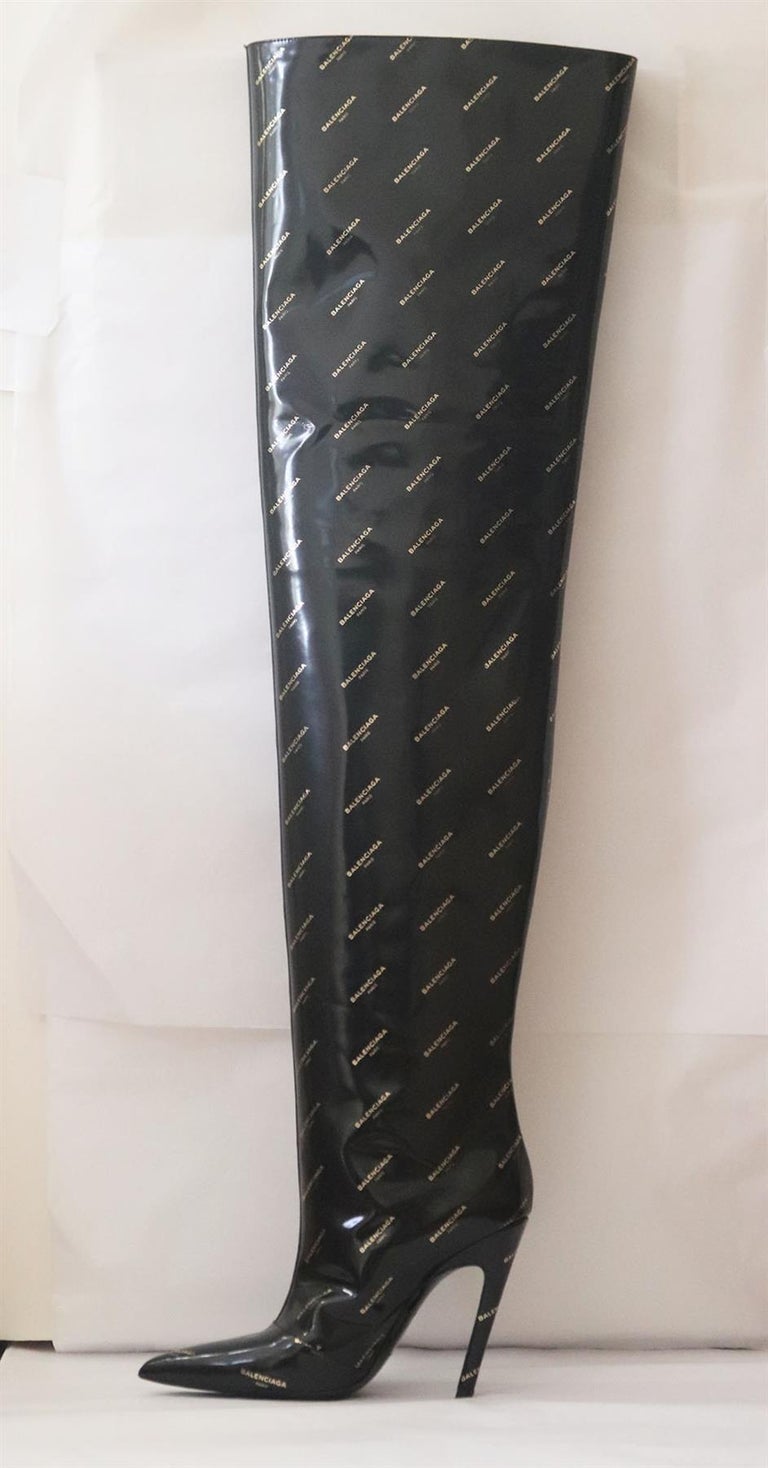Balenciaga Logo Print Patent Leather Thigh High Boots at 1stDibs