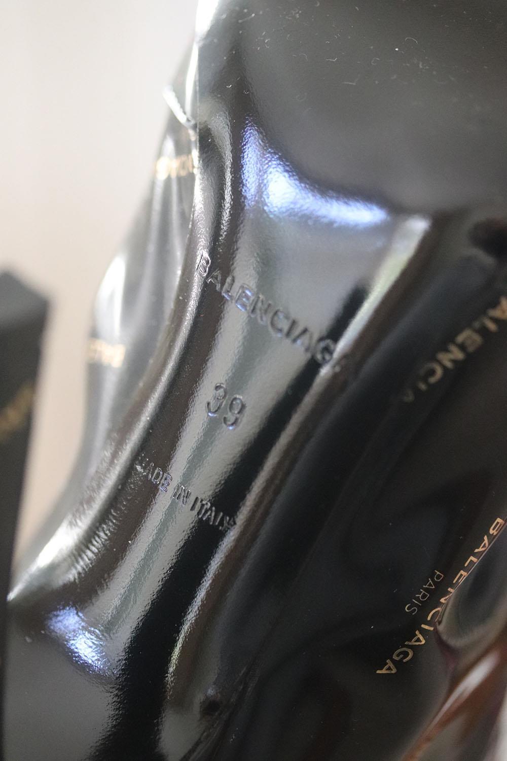 Black Balenciaga Logo Print Patent Leather Thigh High Boots