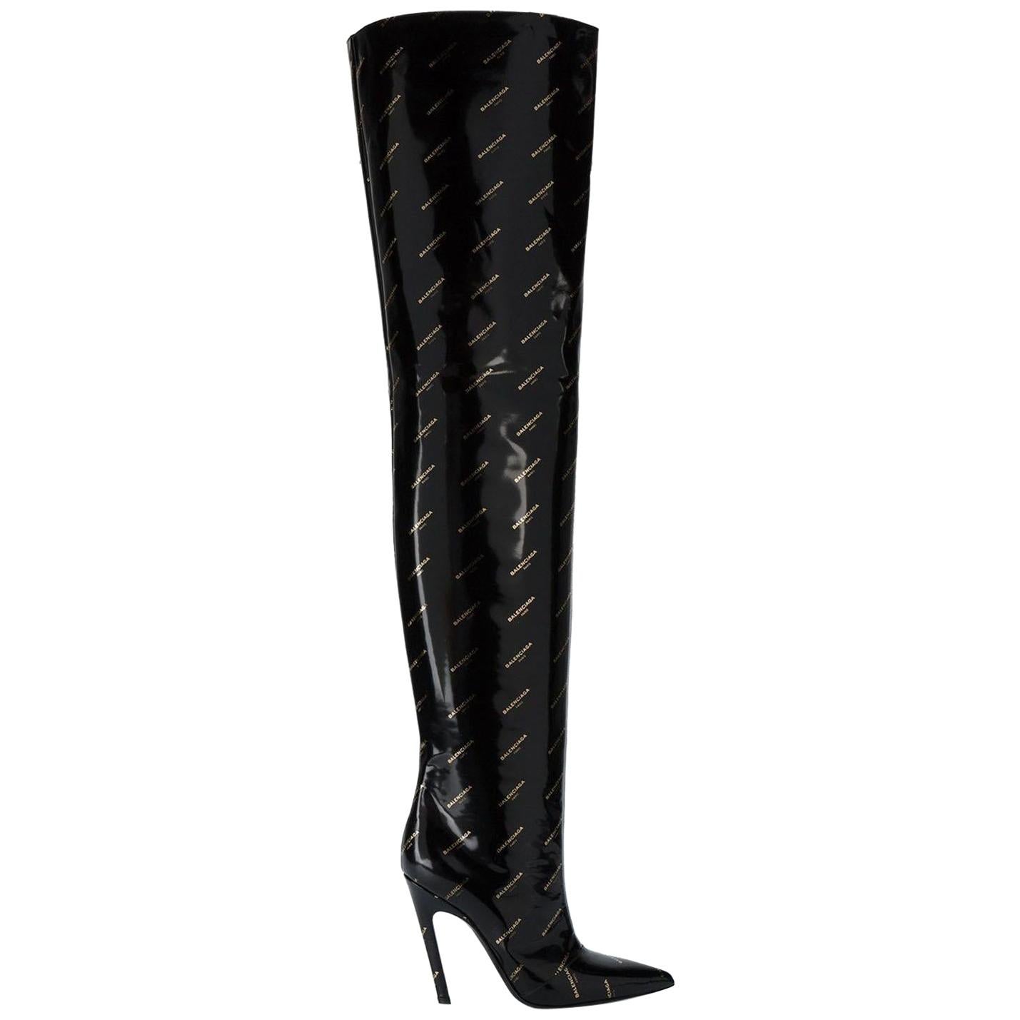 Balenciaga Logo Print Patent Leather Thigh High Boots