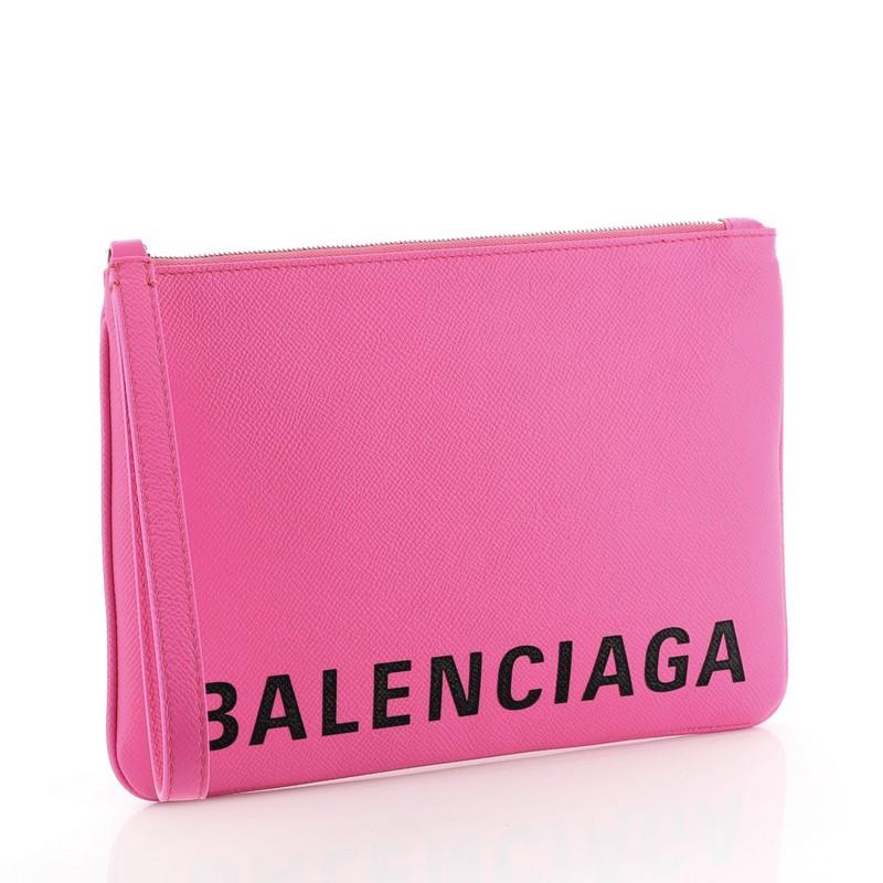 Pink Balenciaga Logo Ville Wristlet Pouch Leather Medium