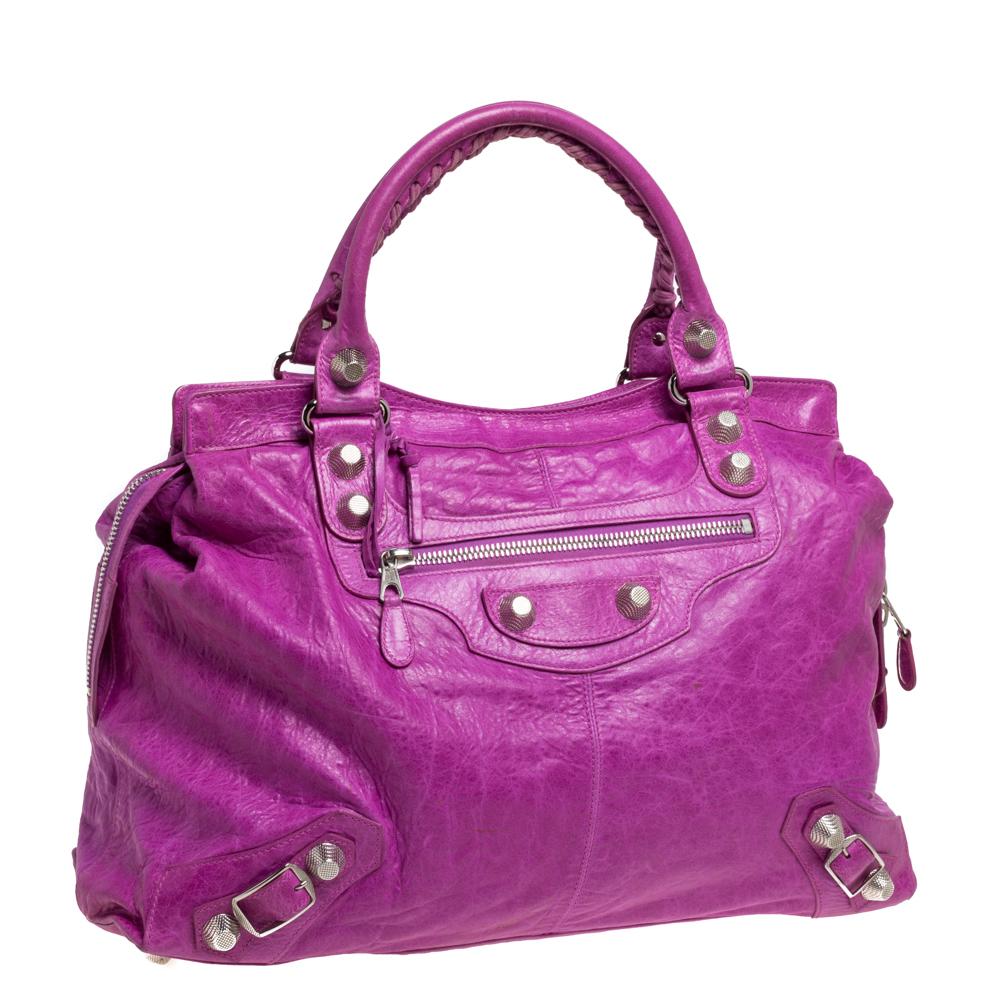 Balenciaga Magenta Leather RTT Silver Giant Hardware Bag In Fair Condition In Dubai, Al Qouz 2
