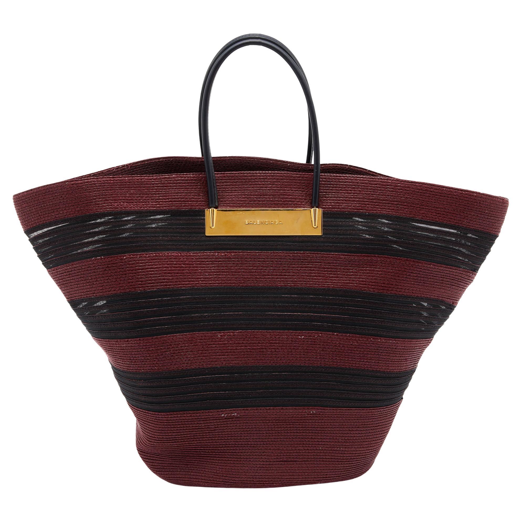 Balenciaga Maroon/Black Raffia Maxi Basket Tote