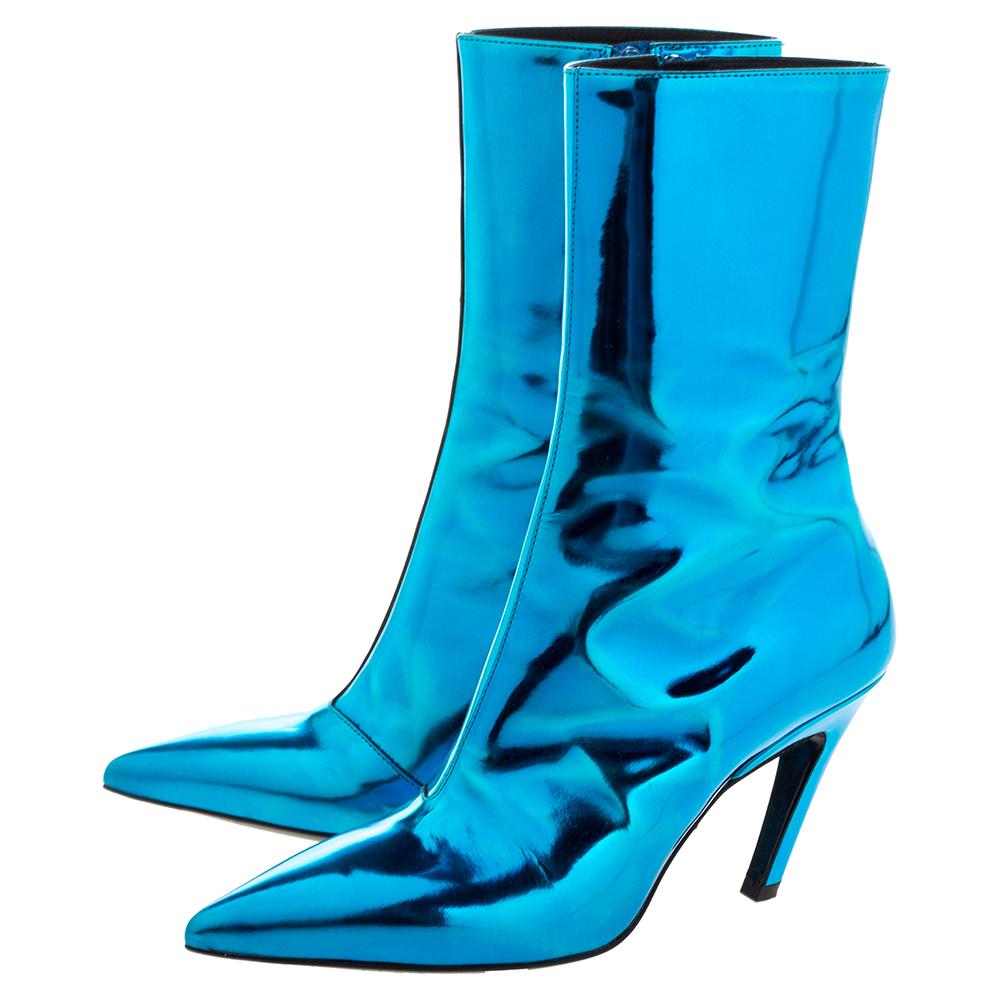 Balenciaga Metallic Blue Leather Slash Heel Ankle Boots Size 35 In Good Condition In Dubai, Al Qouz 2
