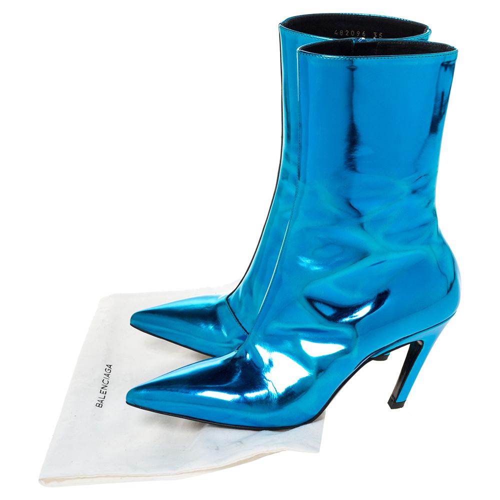 Women's Balenciaga Metallic Blue Leather Slash Heel Ankle Boots Size 35