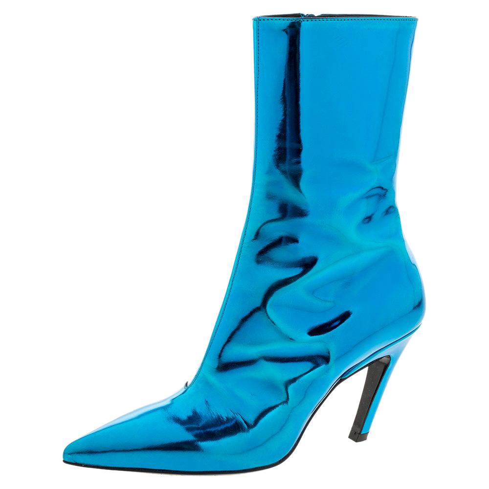 Balenciaga Metallic Blue Leather Slash Heel Ankle Boots Size 35