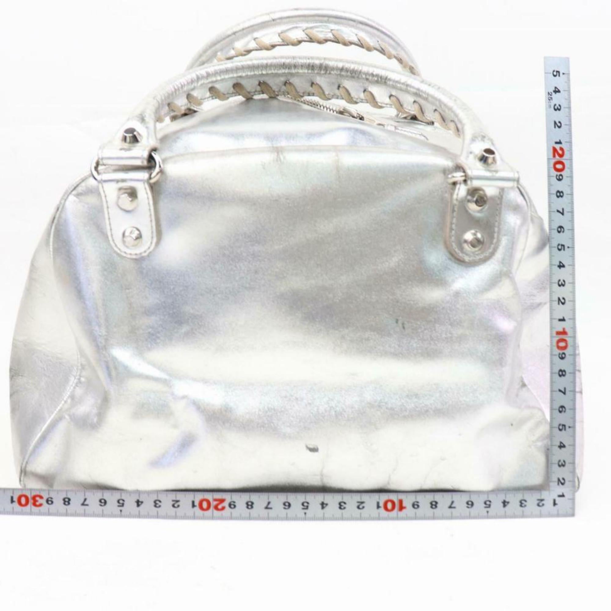 Balenciaga Metallic Bowler 870315 Silver Leather Satchel For Sale 2