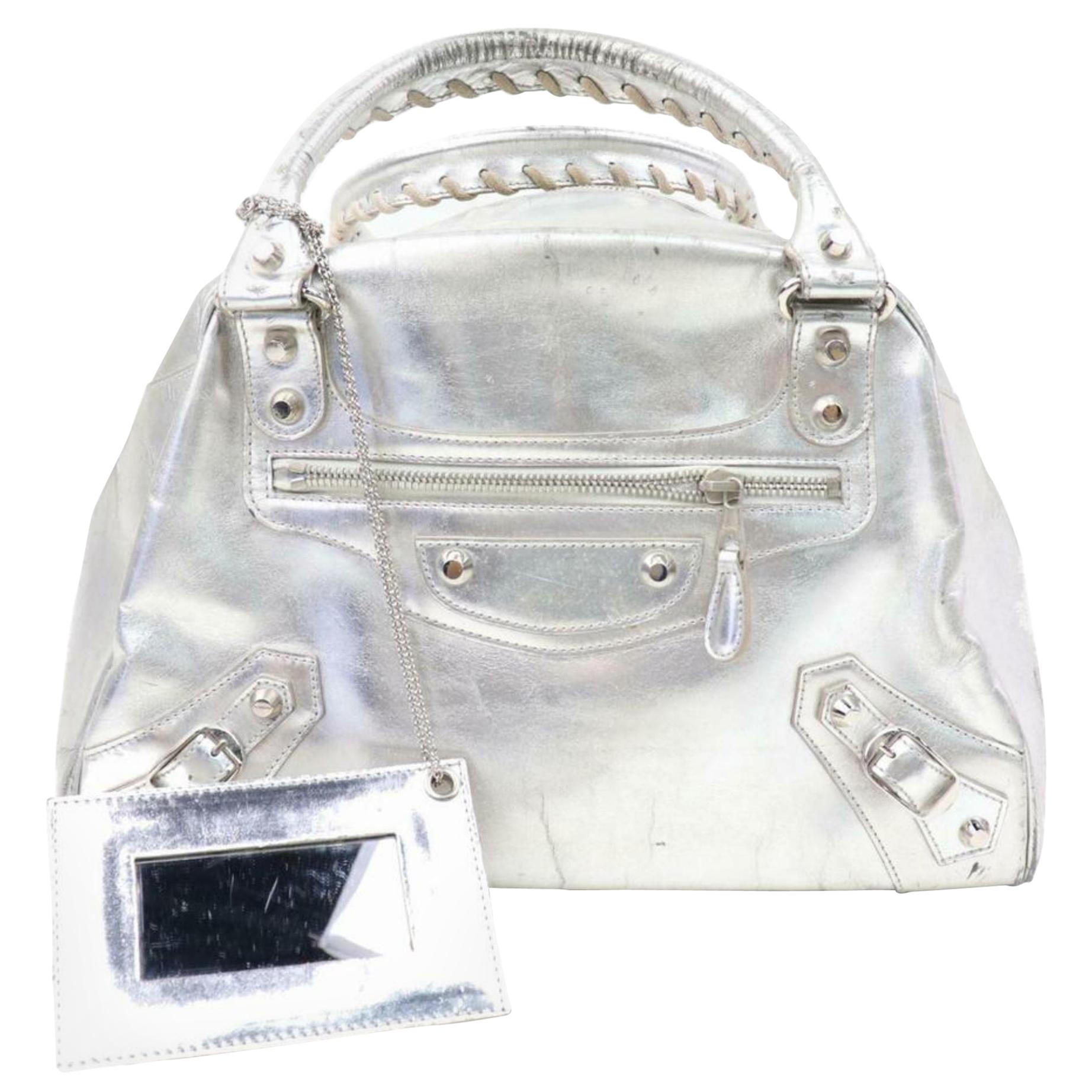 Balenciaga Metallic Bowler 870315 Silver Leather Satchel For Sale