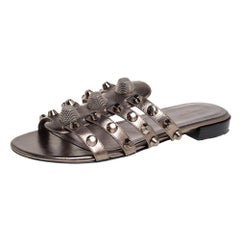 Balenciaga Metallic Bronze Leather Studded Slides Sandals Size 38