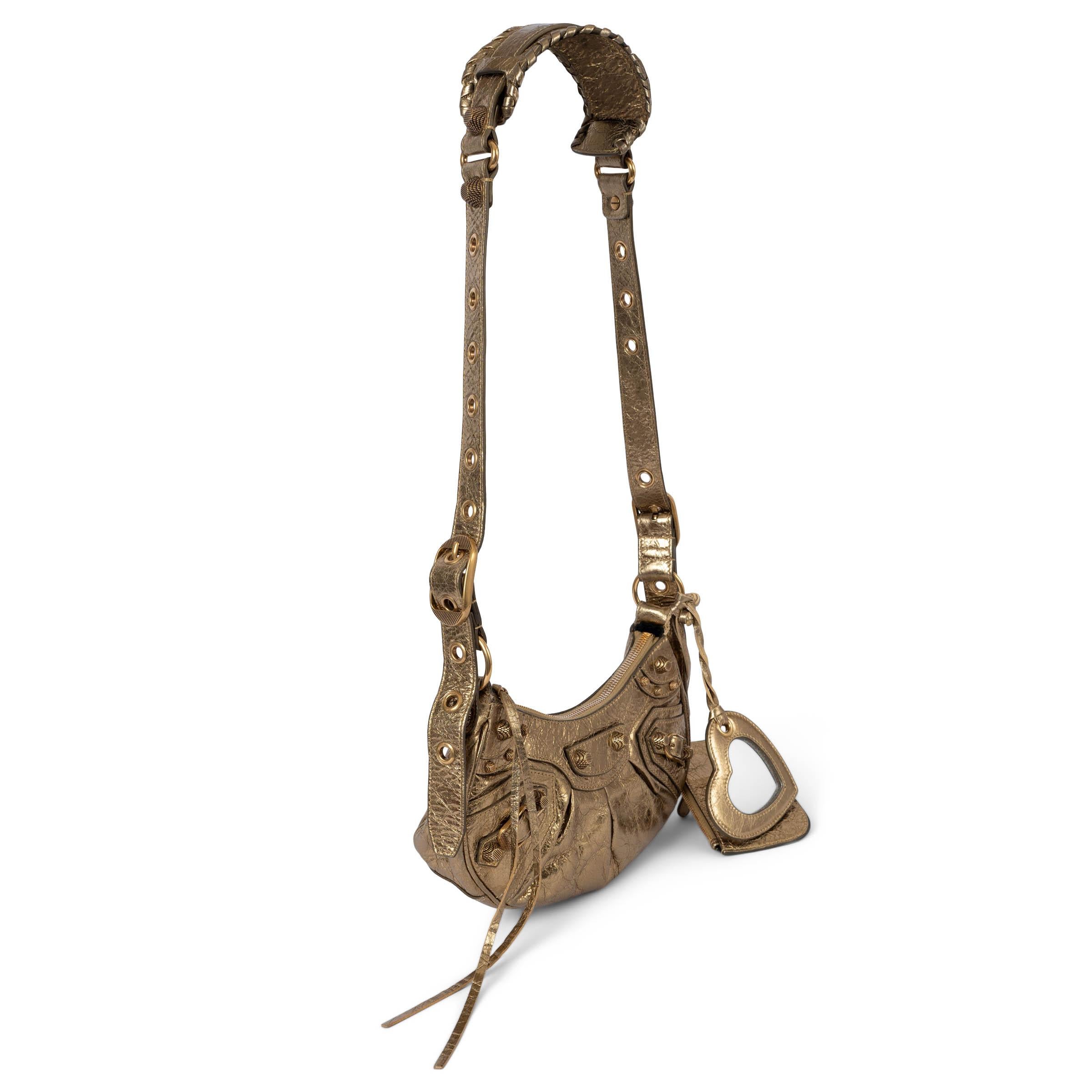 Brown BALENCIAGA metallic gold Arena distressed leather LE CAGOLE XS Shoulder Bag For Sale