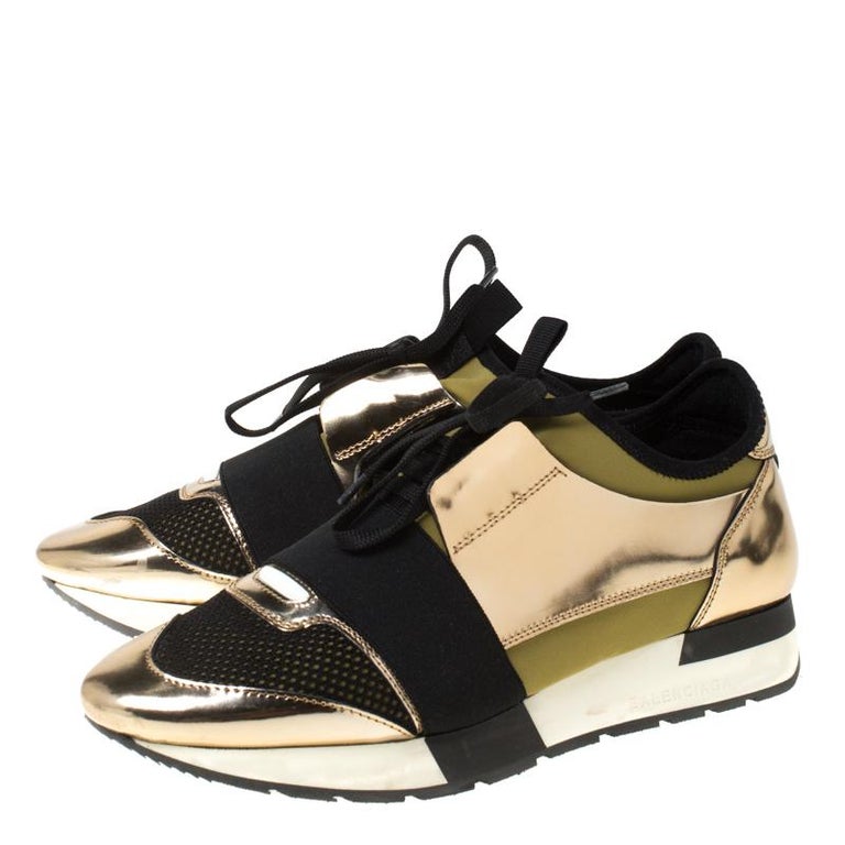 waarschijnlijk uitspraak evalueren Balenciaga Metallic Gold Leather And Satin Race Runner Sneakers Size 39 For  Sale at 1stDibs | gold balenciaga runners