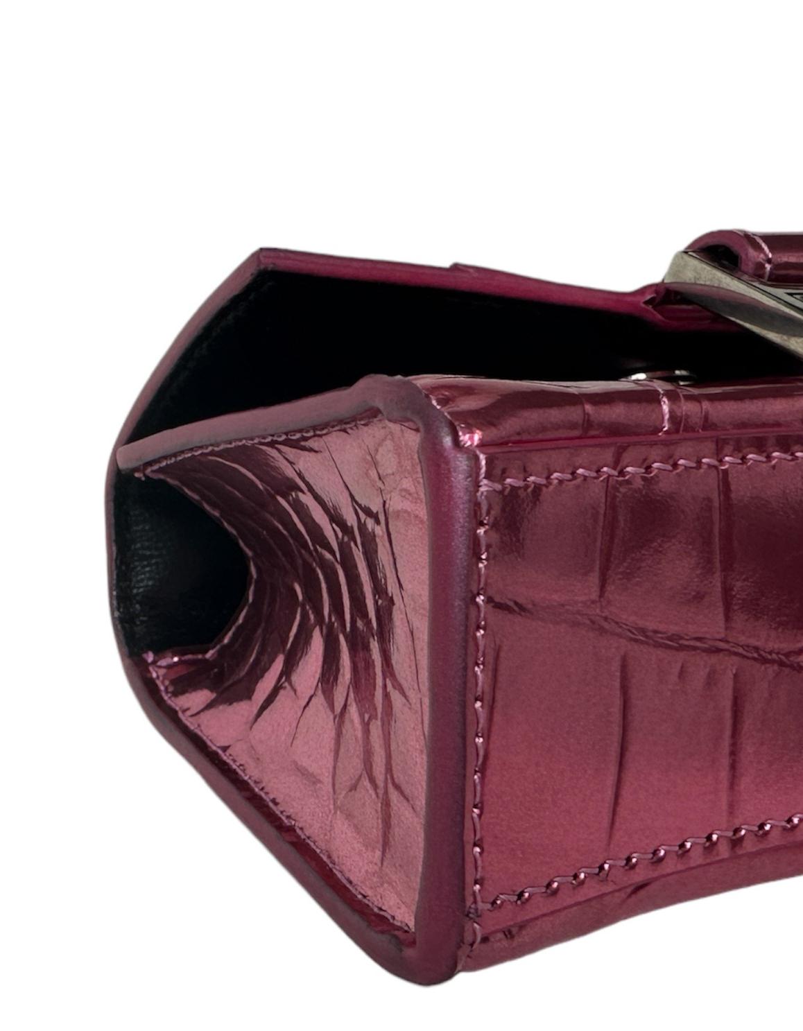 Balenciaga Metallic Pink Embossed Crocodile Hourglass Mini Top Handle Bag In Excellent Condition In New York, NY