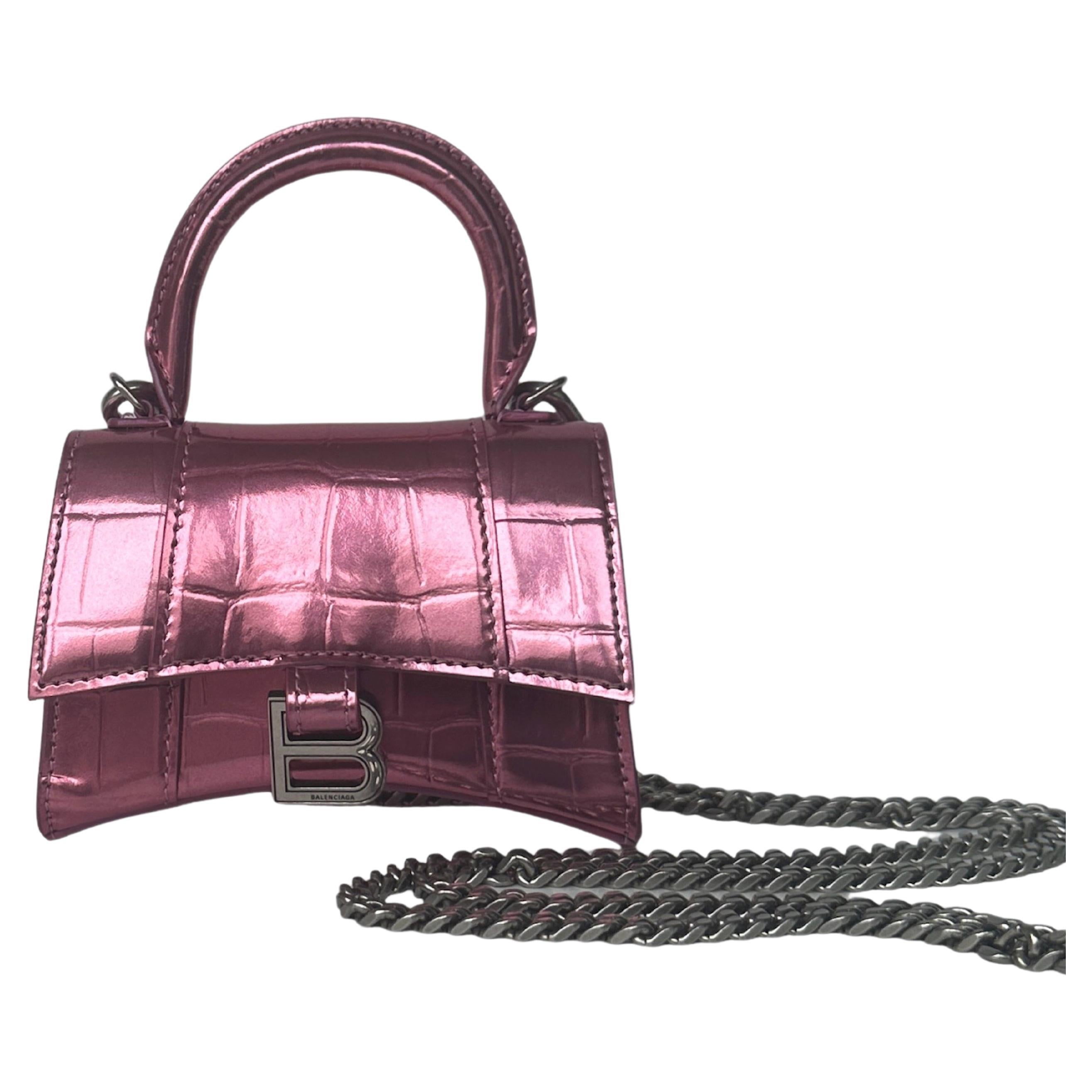 Balenciaga Metallic Pink Embossed Crocodile Hourglass Mini Top Handle Bag  For Sale at 1stDibs