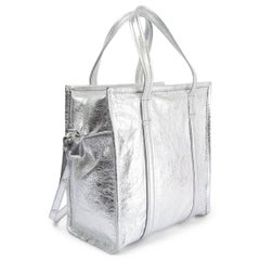 BALENCIAGA metallic silver crackled leather SMALL BAZAR Tote Bag