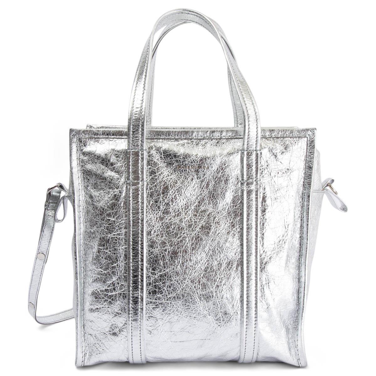 BALENCIAGA metallic silver crackled leather SMALL BAZAR Tote Bag In Excellent Condition In Zürich, CH