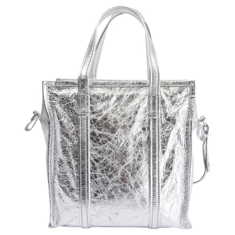BALENCIAGA metallic silver crackled leather SMALL BAZAR Tote Bag For ...