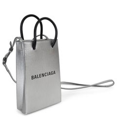 BALENCIAGA metallic silver leather 2019 MINI SHOPPING TOTE PHONE Case Bag