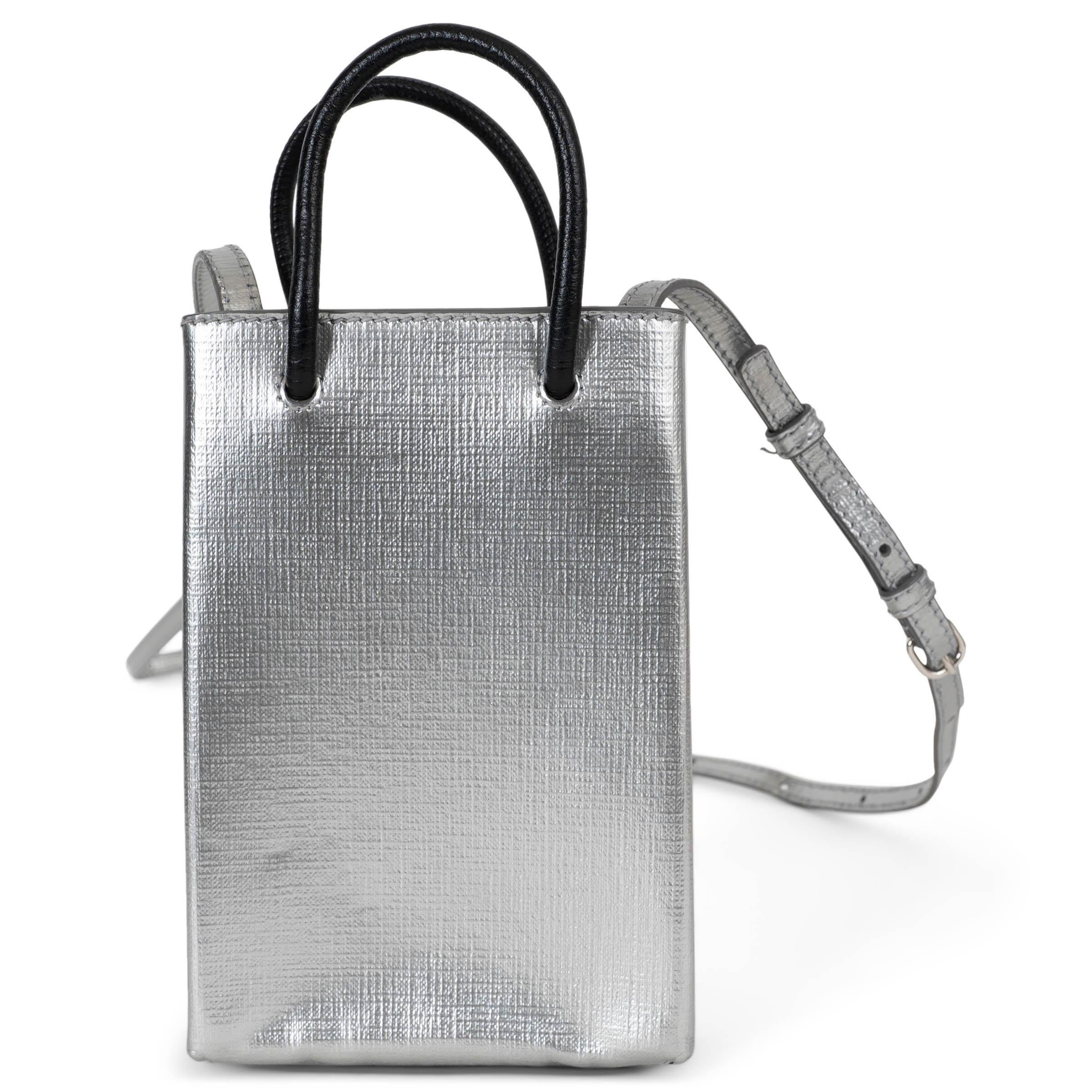Argent BALENCIAGA 2019 MINI SHOPPING TOTE PHONE Case Bag en cuir métallisé argenté en vente