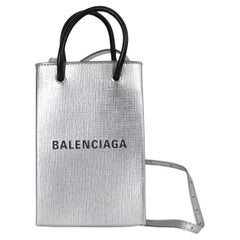 BALENCIAGA 2019 MINI SHOPPING TOTE PHONE Case Bag en cuir métallisé argenté
