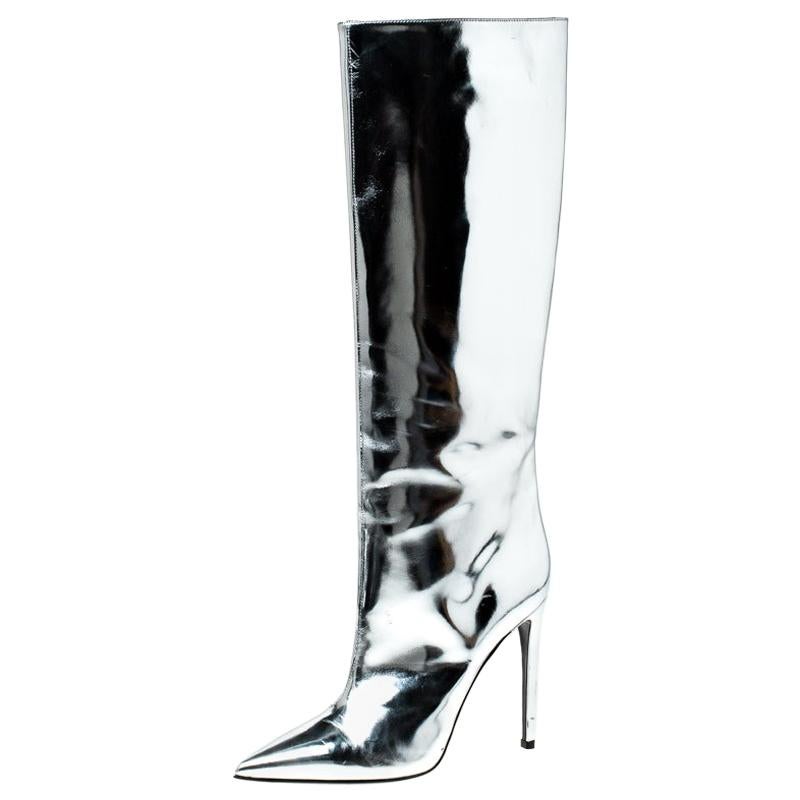 mærke Amerika spin Balenciaga Metallic Silver Leather Knee Length Boots Size 38.5 For Sale at  1stDibs