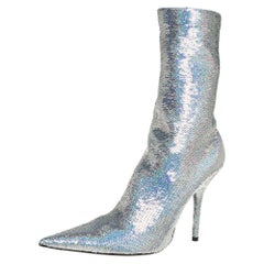 Balenciaga Metallic Silver Sequin Knife Mid Length Boots Size 38