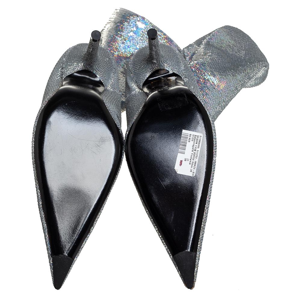 Women's Balenciaga Metallic Silver Sequin Knife Mid Length Boots Size 38