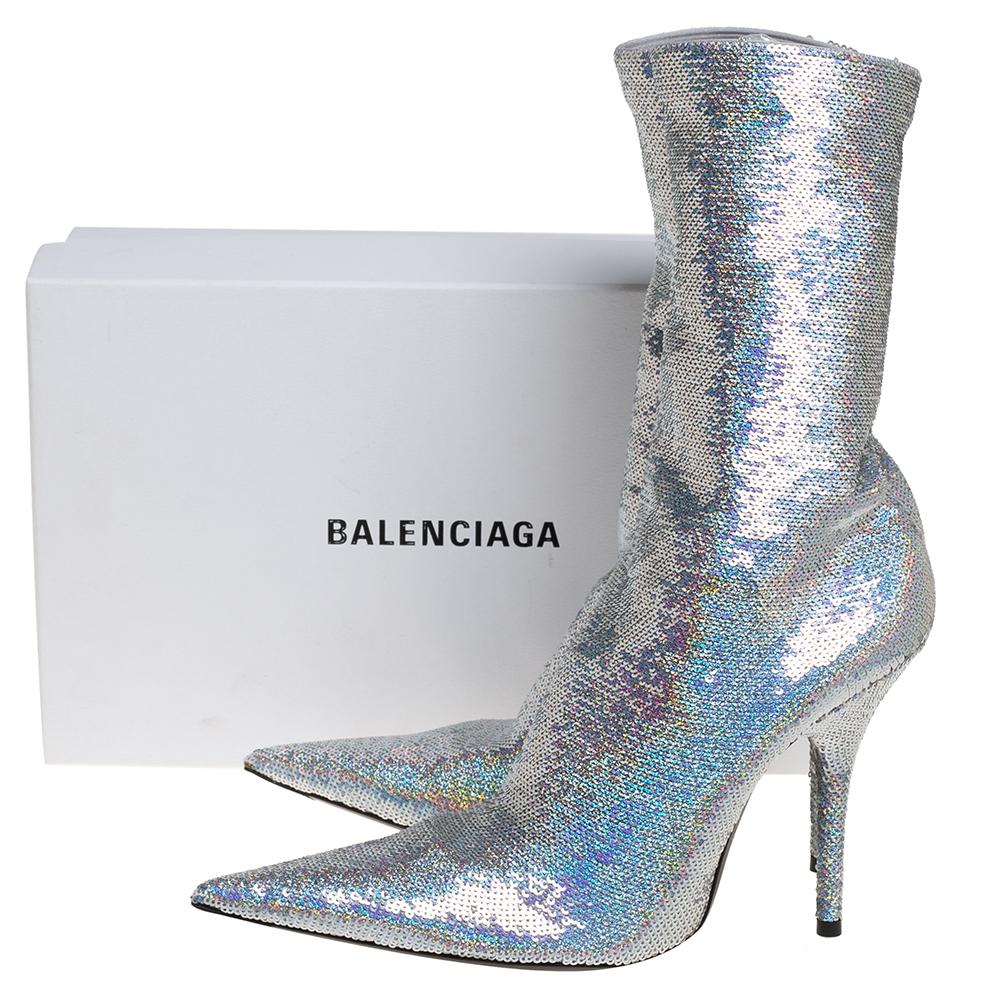 Balenciaga Metallic Silver Sequin Knife Mid Length Boots Size 38 1