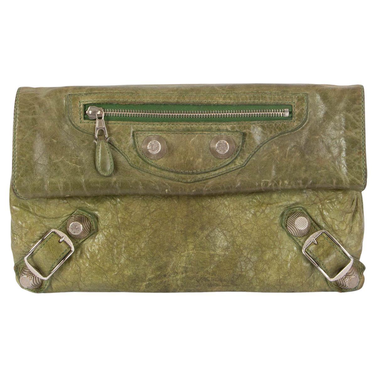 BALENCIAGA Militaire green distressed leather MOTOCROSS GIANT Clutch Bag