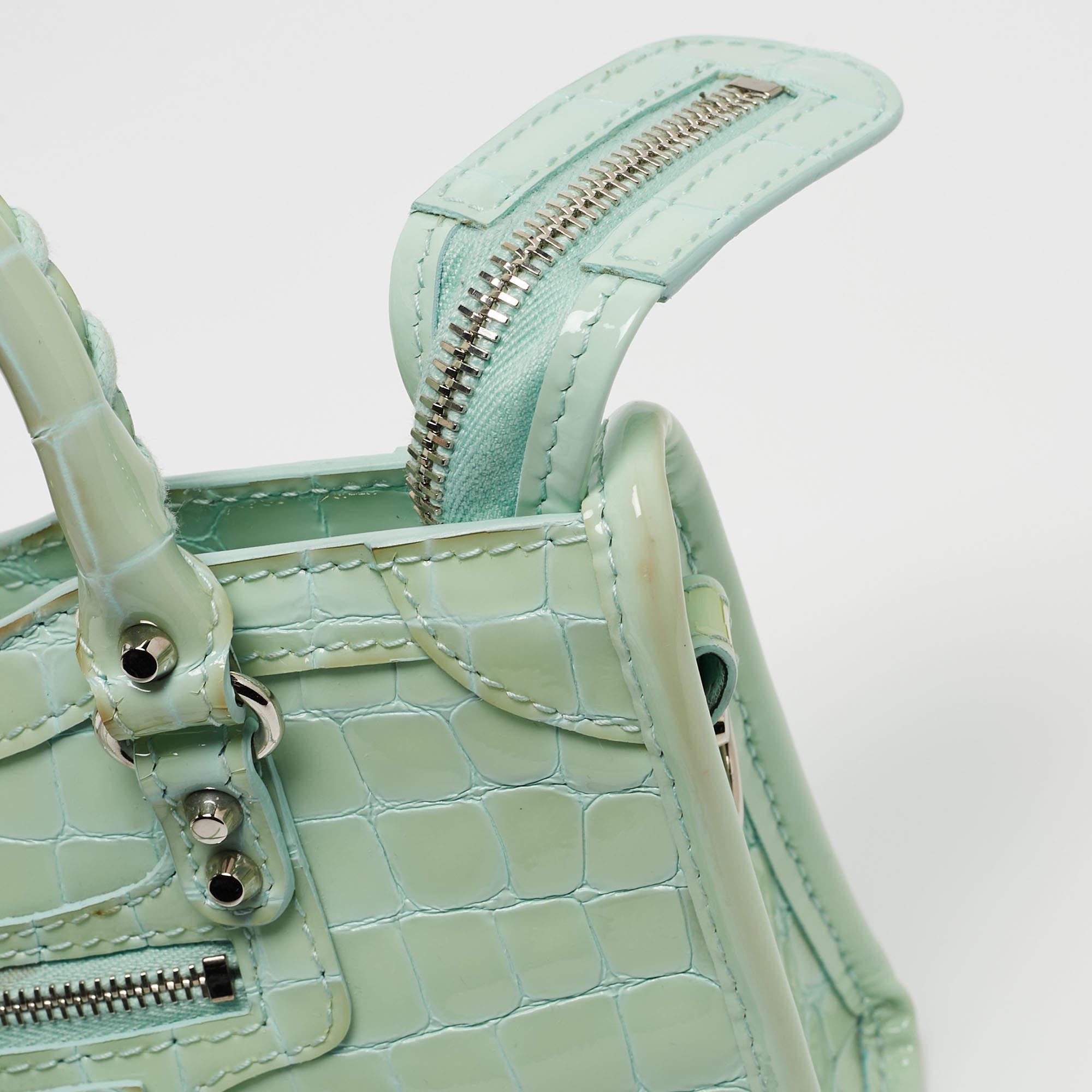 Balenciaga Mint Green Croc Embossed Patent Leather Nano Classic City Tote For Sale 7