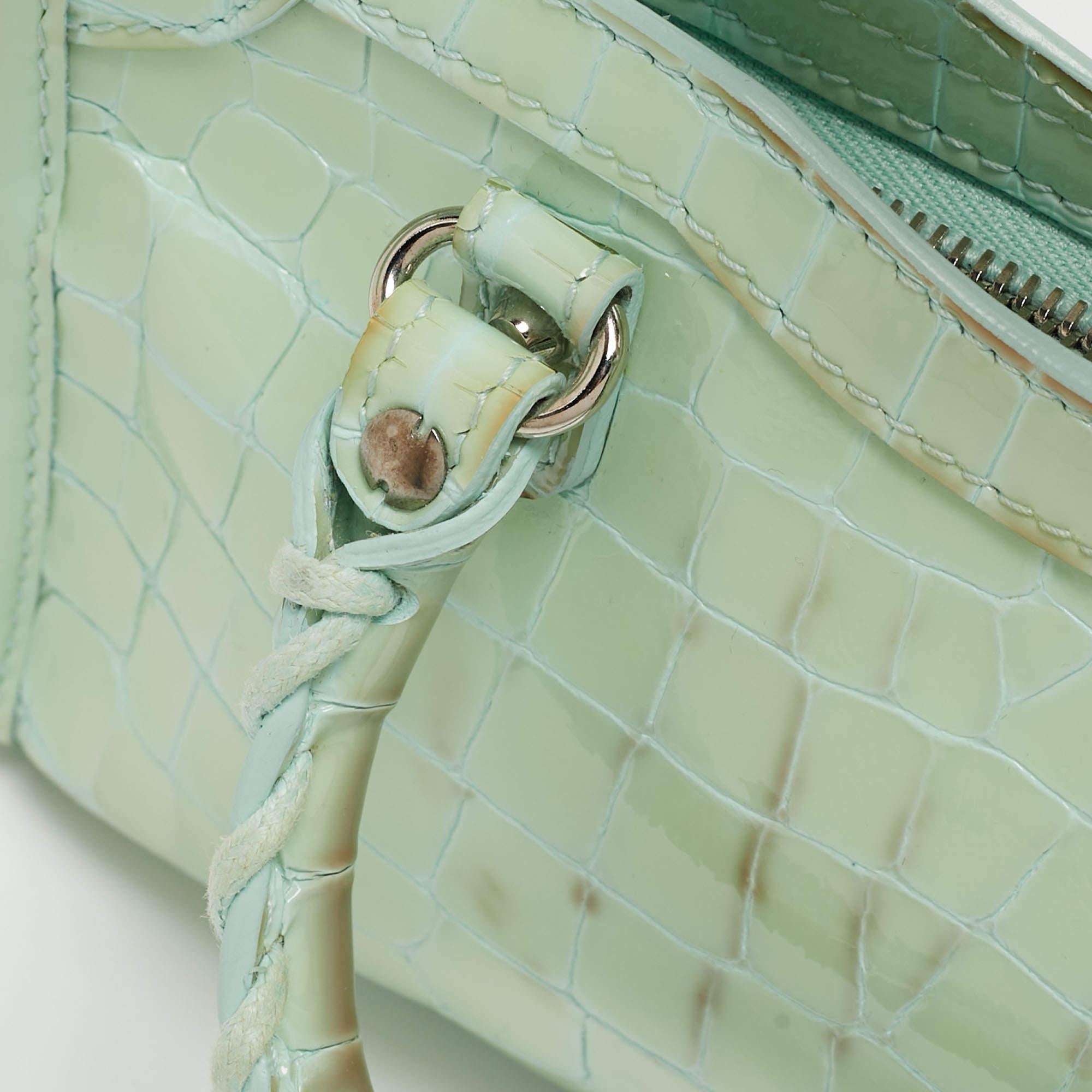 Balenciaga Mint Green Croc Embossed Patent Leather Nano Classic City Tote For Sale 9