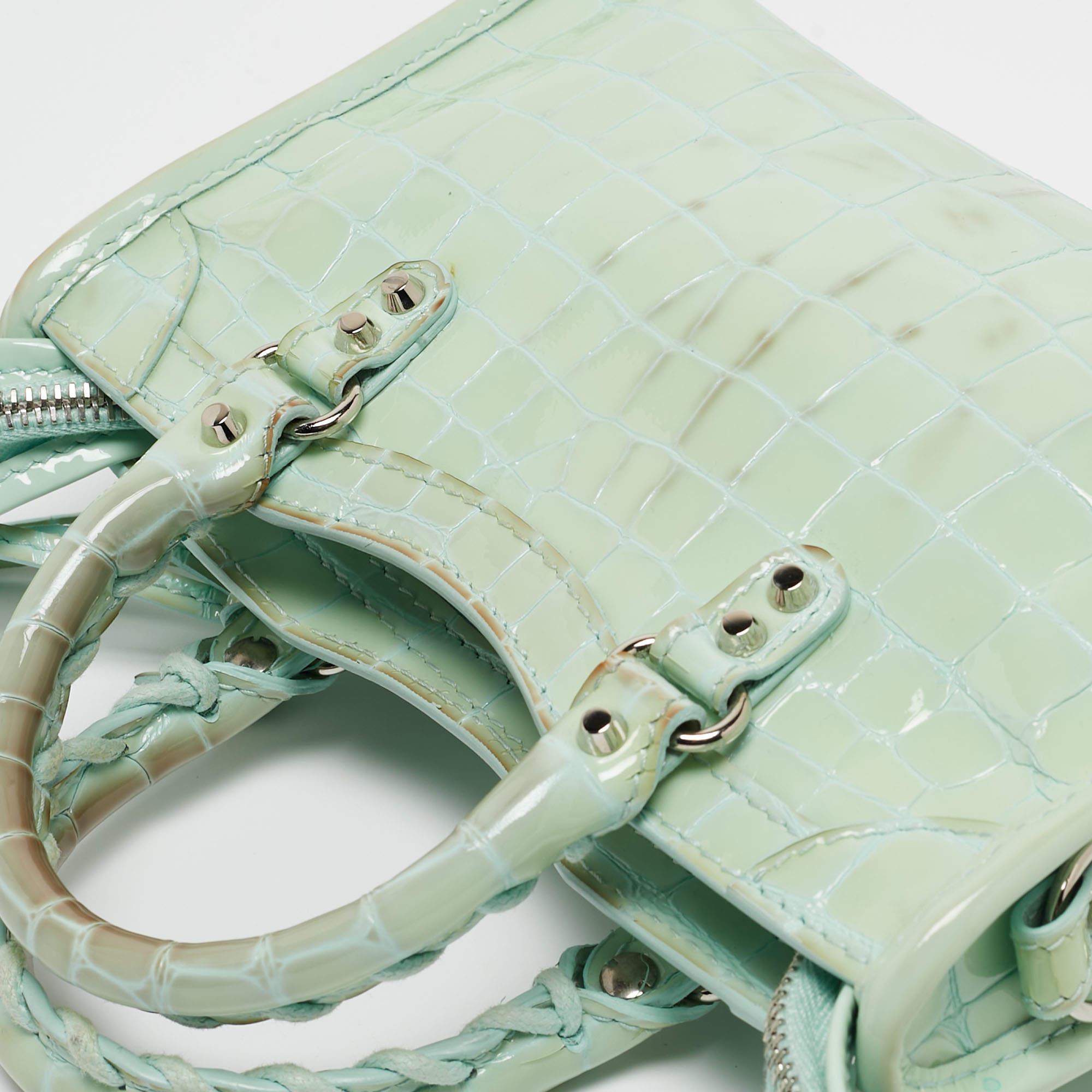 Balenciaga Mint Green Croc Embossed Patent Leather Nano Classic City Tote For Sale 15