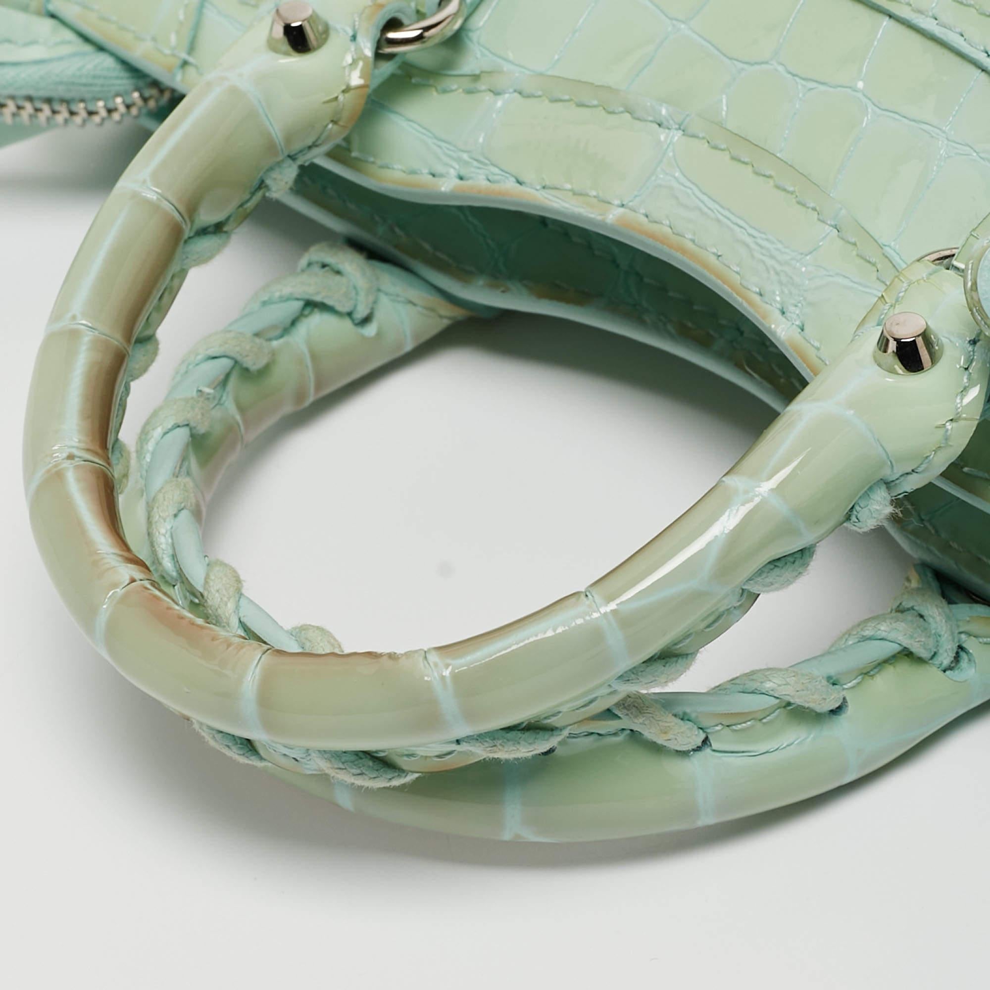 Balenciaga Mint Green Croc Embossed Patent Leather Nano Classic City Tote For Sale 3