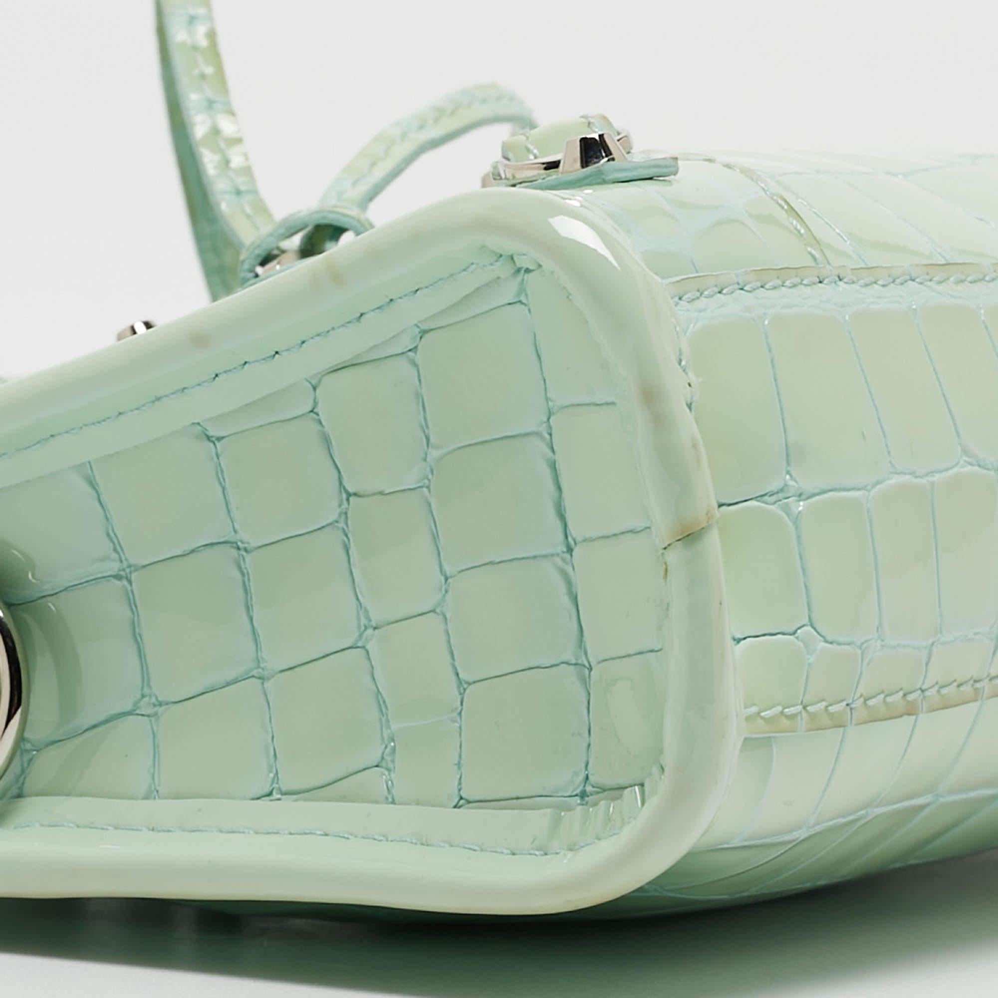 Balenciaga Mint Green Croc Embossed Patent Leather Nano Classic City Tote For Sale 5