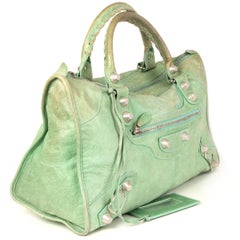 BALENCIAGA mint green distressed leather GIANT WORK Satchel Bag