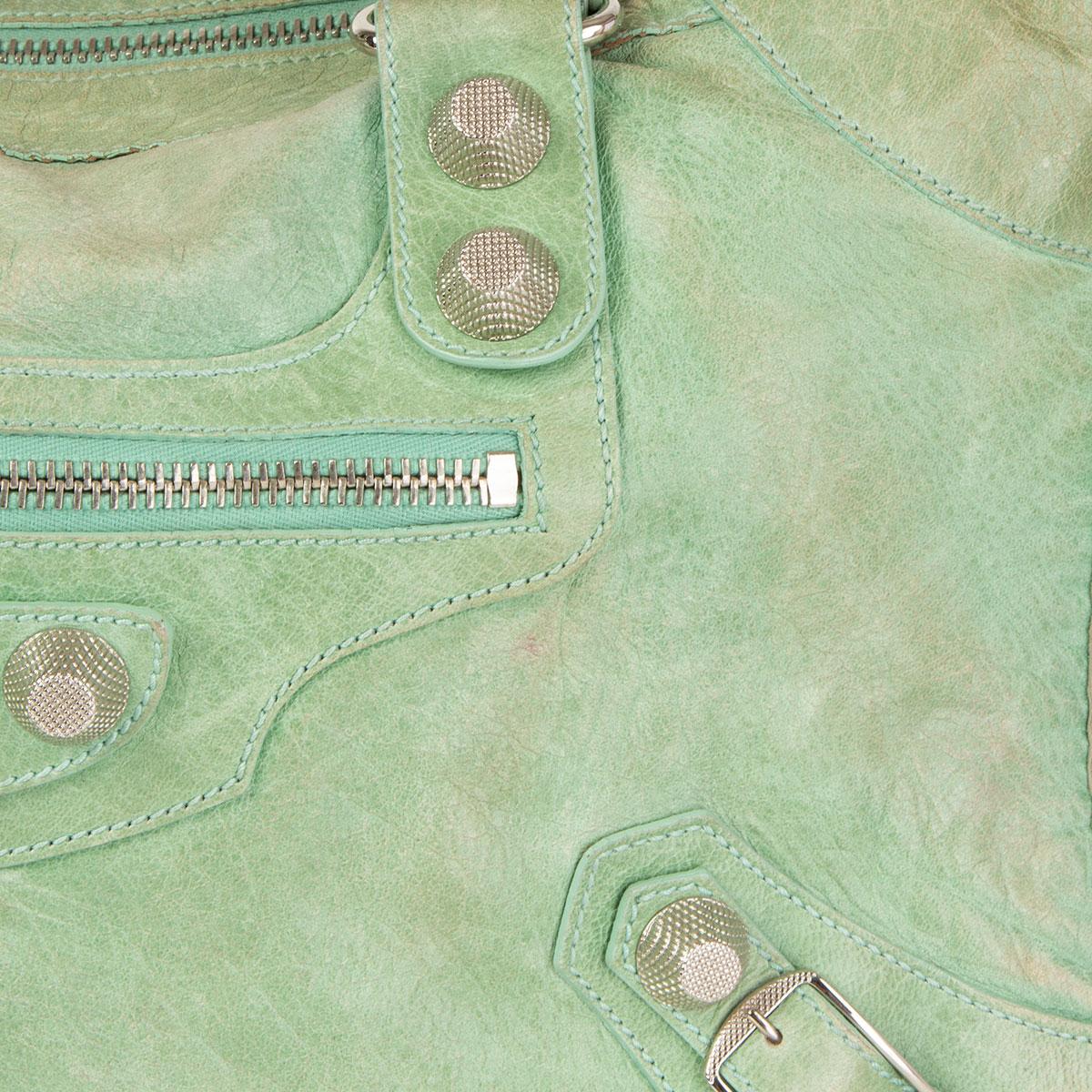 Women's BALENCIAGA mint green distressed leather GIANT WORK Satchel Bag