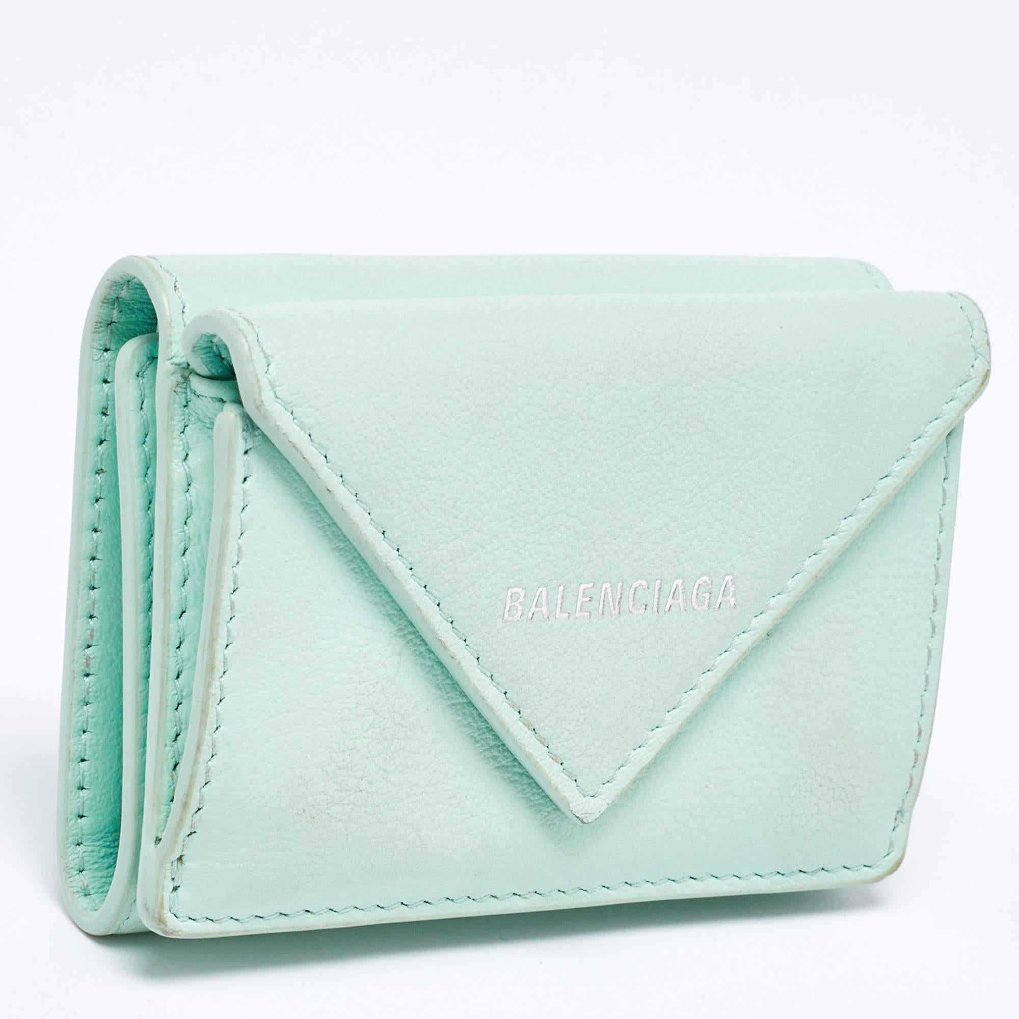 Balenciaga Mint Green Leather Mini Papier Wallet For Sale 1