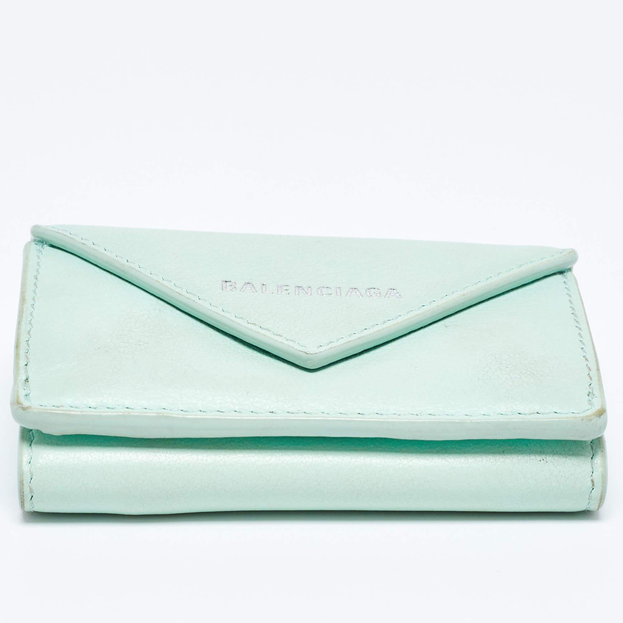 Balenciaga Mint Green Leather Mini Papier Wallet For Sale 4