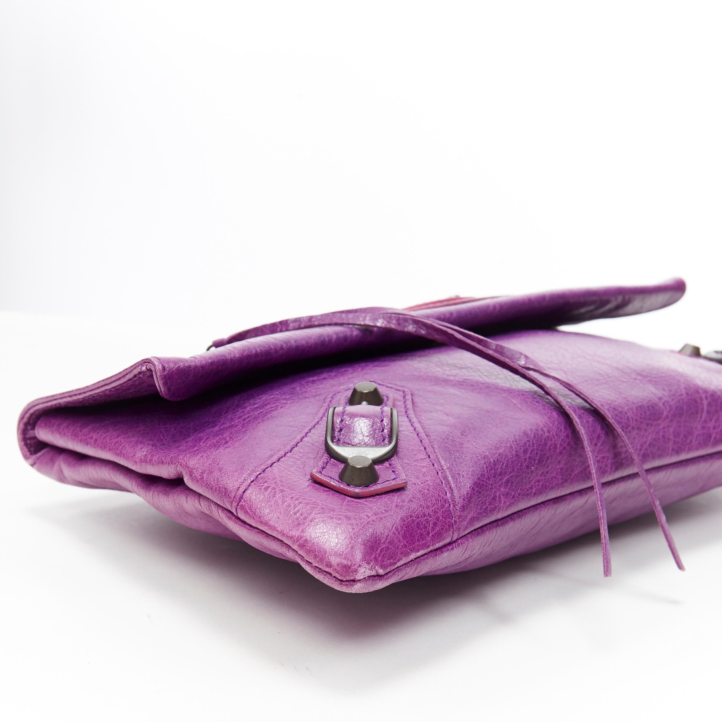 Purple BALENCIAGA Motocross Classic purple leather brass stud flap foldover clutch bag