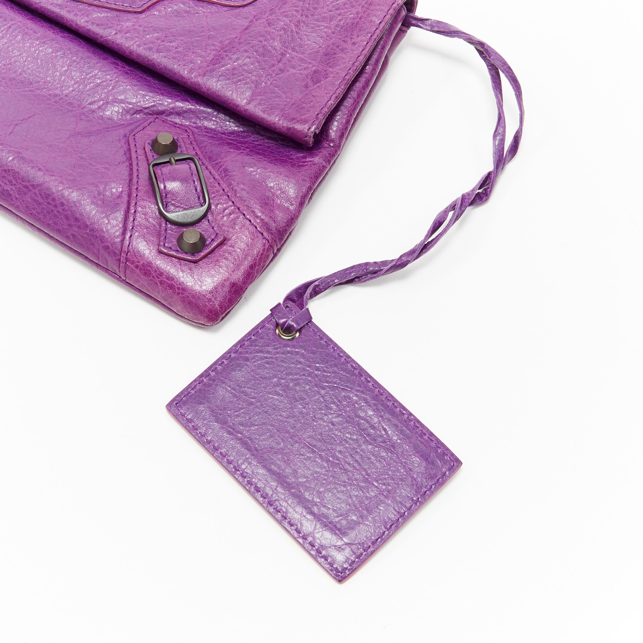 BALENCIAGA Motocross Classic purple leather brass stud flap foldover clutch bag In Good Condition In Hong Kong, NT