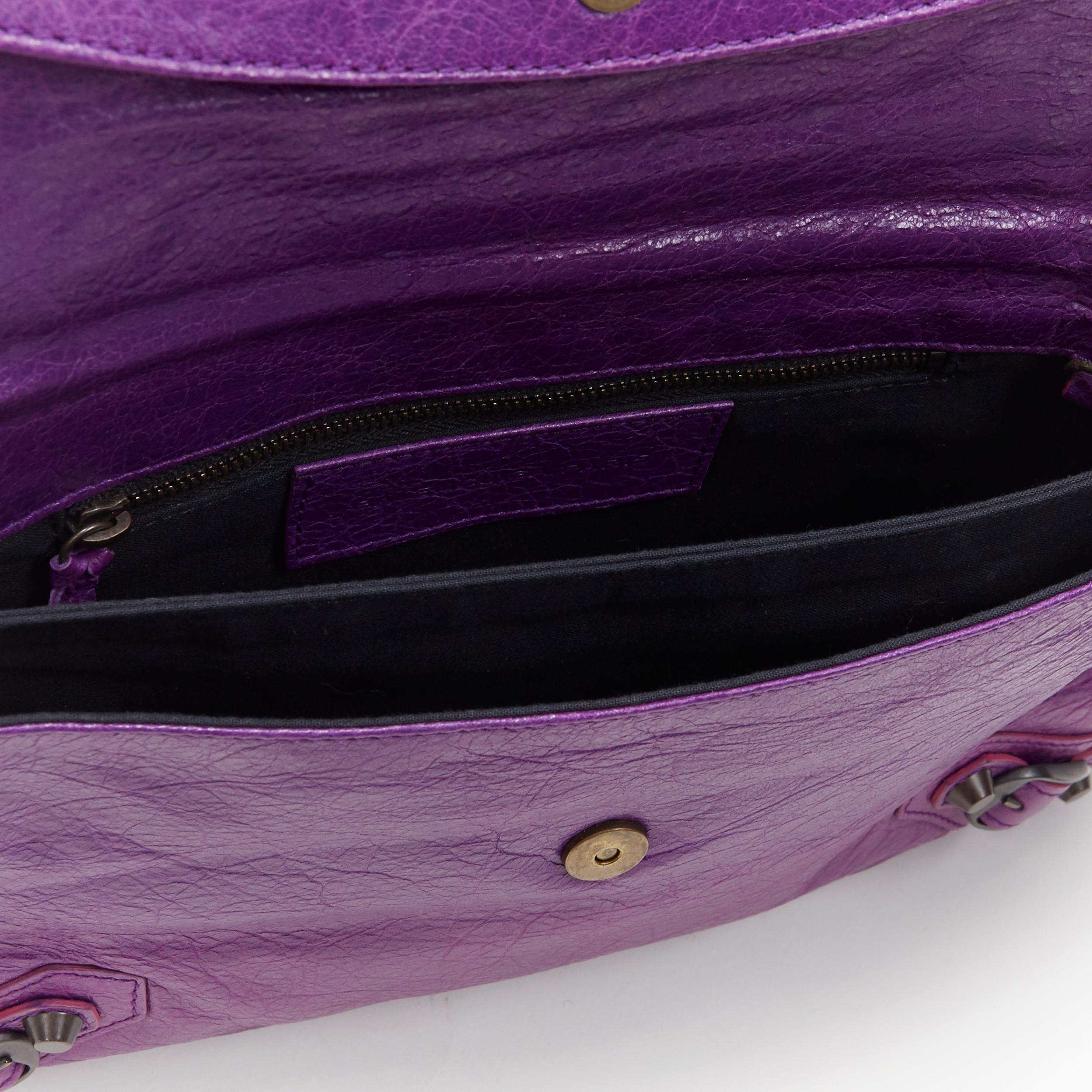 Women's BALENCIAGA Motocross Classic purple leather brass stud flap foldover clutch bag