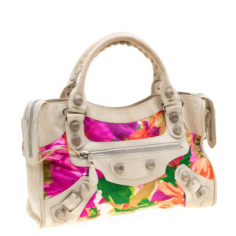 Beige Balenciaga Multicolor Floral Satin and Leather GSH City Tote