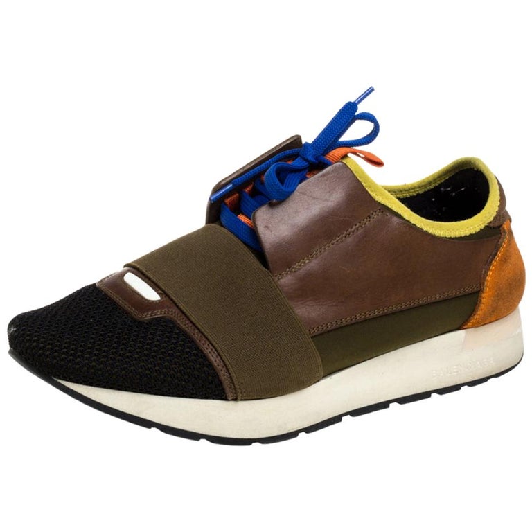 Balenciaga Multicolor Leather Mesh Race Runner Low Top Sneakers Size For Sale at 1stDibs