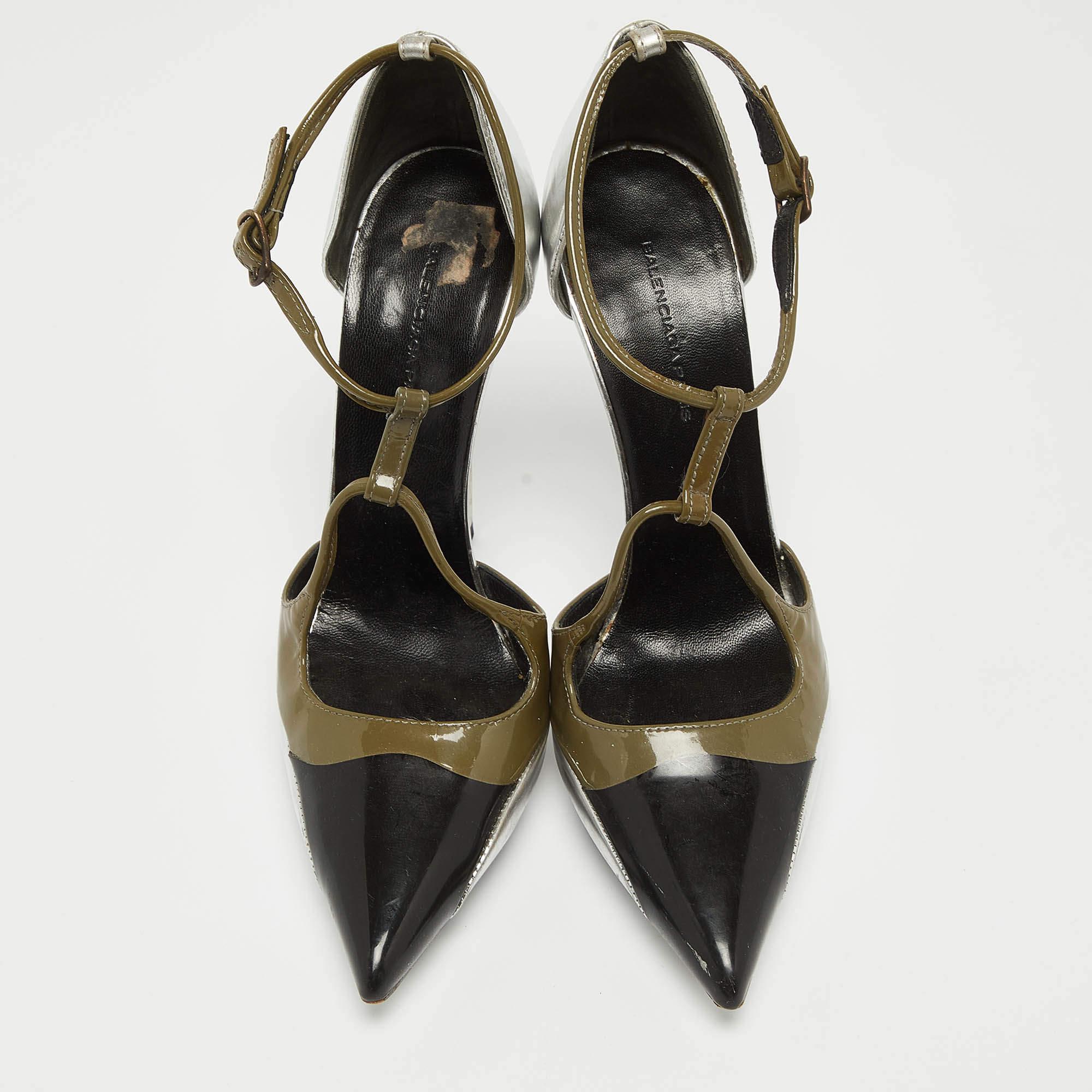 Gray Balenciaga Multicolor Patent Leather Ankle Strap Pumps Size 36
