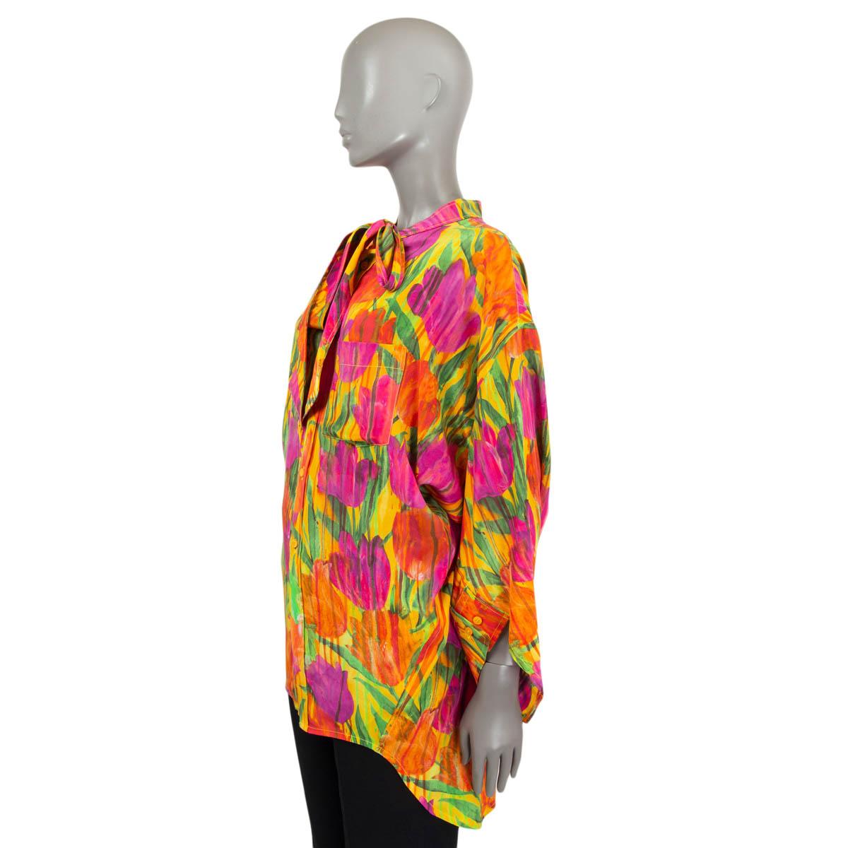 Orange BALENCIAGA multicolor silk 2021 TULIP OVERSIZED PUSSY BOW Blouse Shirt 34 XXS For Sale