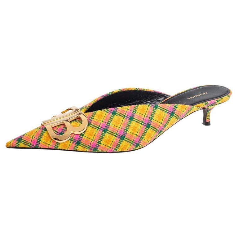 Balenciaga Multicolor Tweed Knife Logo Pointed Toe Mule Sandals Size 39.5  For Sale at 1stDibs